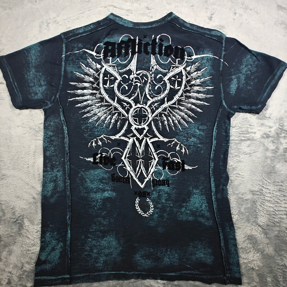 Y2K Affliction Henley Shirt USA Mens Medium Black Blue Live Fast Graphic Eagle
